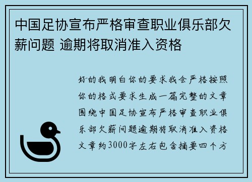 中国足协宣布严格审查职业俱乐部欠薪问题 逾期将取消准入资格 中国足协宣布严格审查职业俱乐部欠薪问题 逾期将取消准入资格