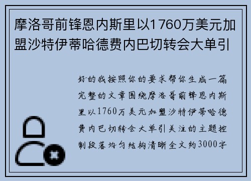 摩洛哥前锋恩内斯里以1760万美元加盟沙特伊蒂哈德费内巴切转会大单引关注 摩洛哥前锋恩内斯里以1760万美元加盟沙特伊蒂哈德费内巴切转会大单引关注